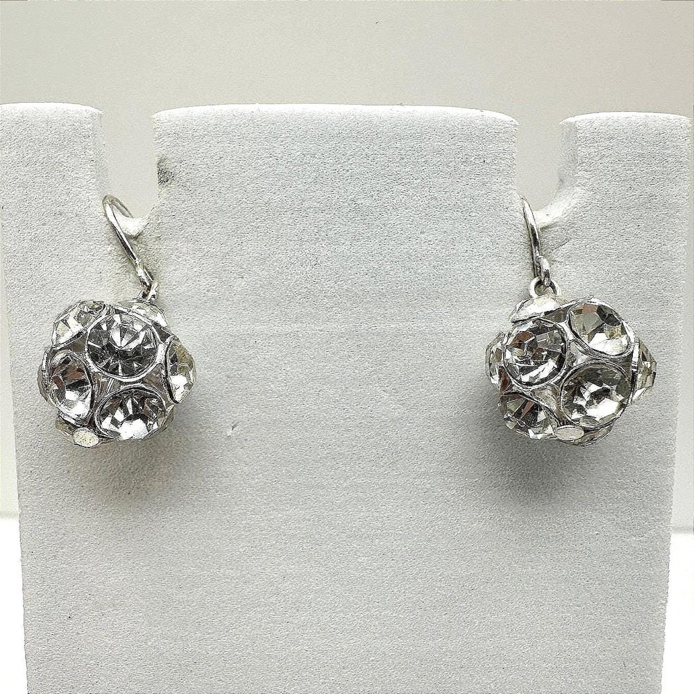 Vintage 90s Crystal Rhinestone Ball Dangle Earrings Silver Tone Hooks Jewelry